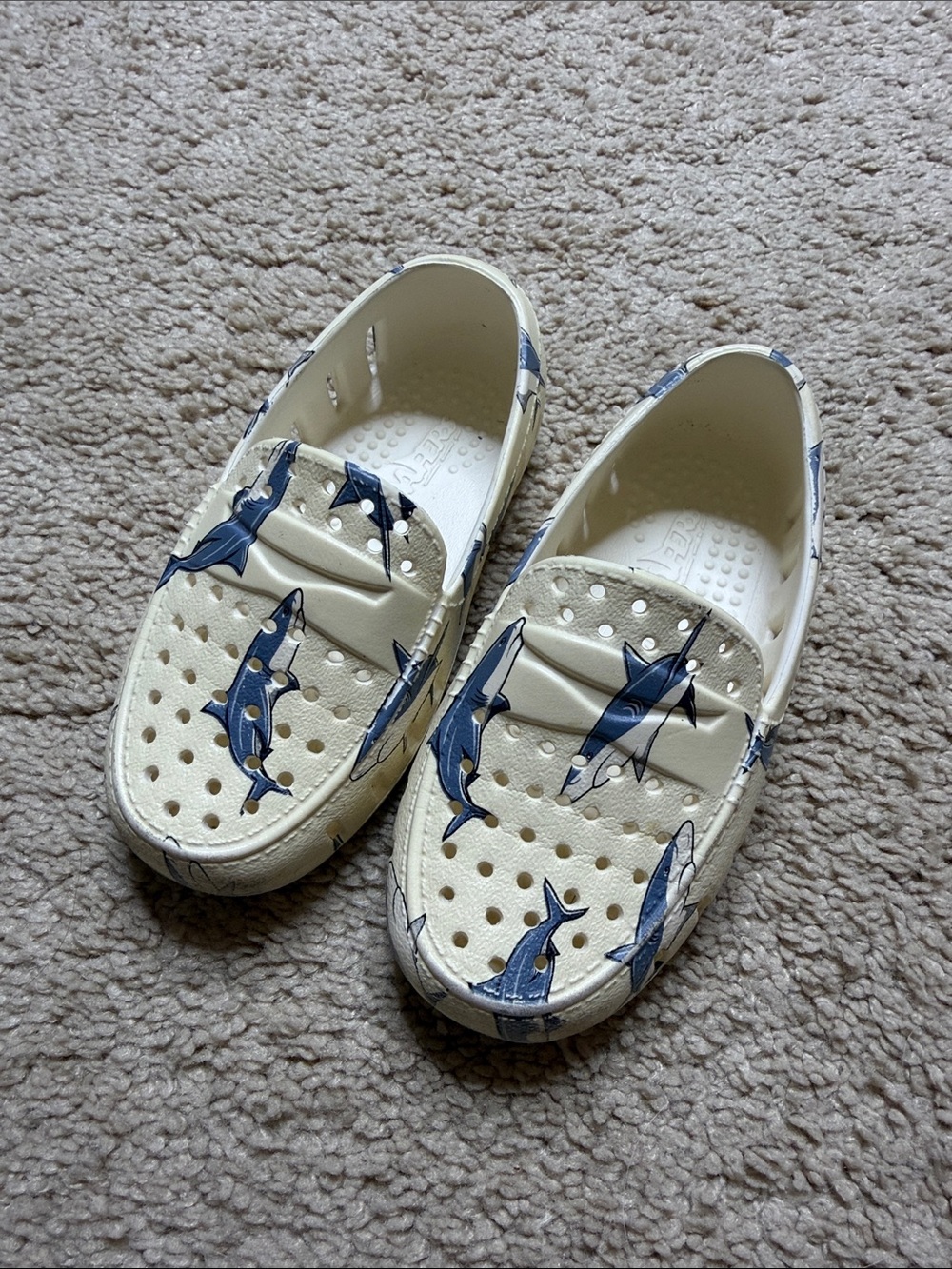 Kids Floafer White Water Shoes with Blue Shark Design